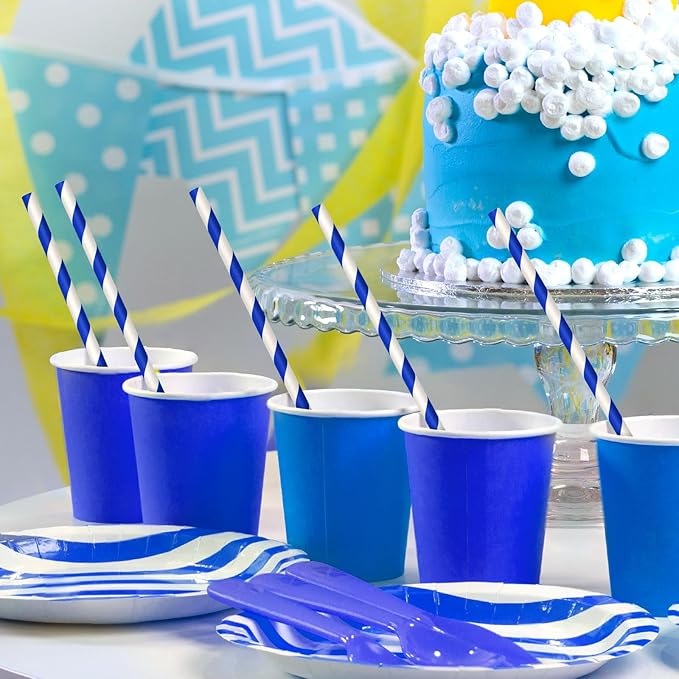 100 Packs Navy Blue Biodegradable Striped Paper Straws, Disposable Drinking Straws for Birthday Carnival Summer Pool Party Wedding Baby Shower Halloween Christmas Party Decoration Supplies