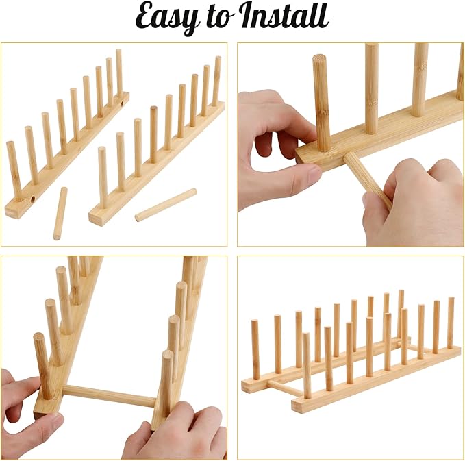 2PC Bamboo Wooden Dish Drying Rack, 8-Slot Plate Rack Cabinet Dish Stand Organizer for Kitchen Counter, Drainer Storage Holder for Bowl/Cup/Lid/Cutting Board/Book, Space-Saving Design
