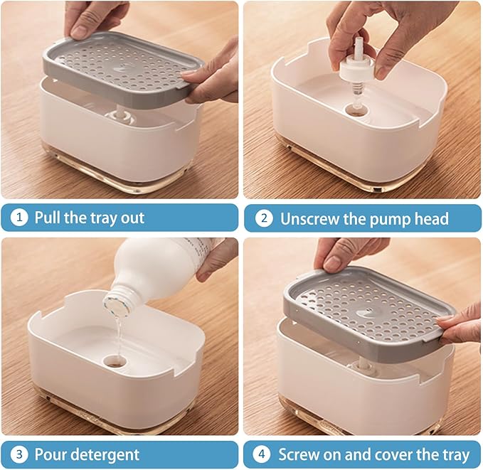 RUFCRIL Soap Pump Dispenser and Sponge Holder, 10oz / 300ml Dish Soap Dispenser for Kitchen,White