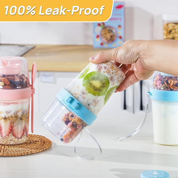 Vtopmart 4 Pack 27oz Yogurt Parfait Cups with Lids and Spoons, Overnight Oats Containers, Reusable Topping Compartment for Breakfast with Yogurt, Cereal or Oatmeal On-the-Go