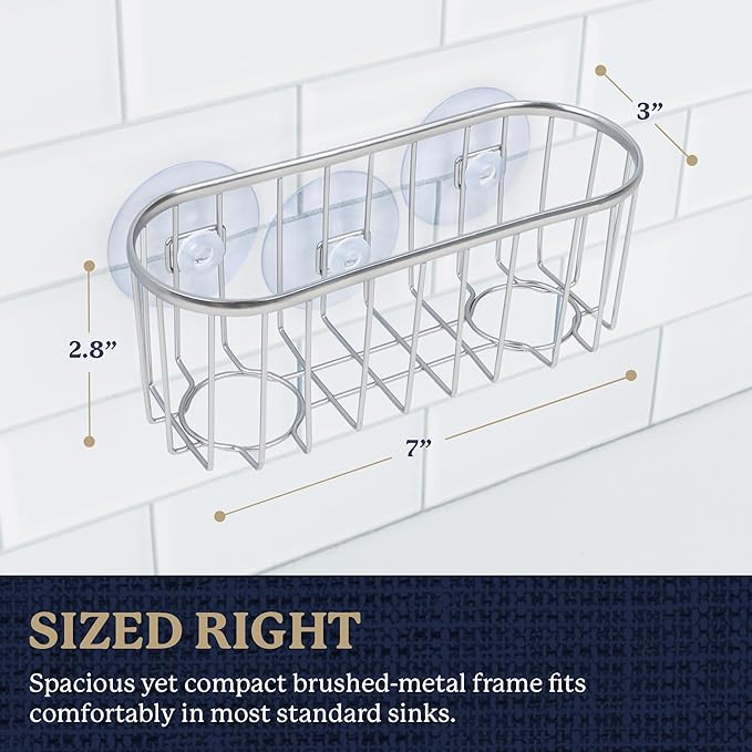 Best Brands Farberware Sponge Holder for Kitchen Sink—Brushed Metal Sink Caddy Organizer with Triple Suction Cups, Kitchen Organizer for Sponges, Brushes, Soap & Cleaning Essentials