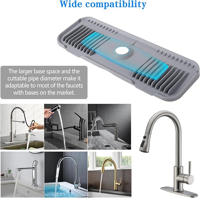 Silicone Faucet Mat, EK-Memory-fish Kitchen Faucet Mat Silicone Faucet Drip Catcher with Cuttable Circular Central for Kitchen Sink, Tailor-Made for Faucets with Deck Plate【Light Grey】