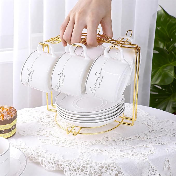 Coffee Cup Holder,Gold Tea Cups and Saucers Display Storage Rack,Metal Organizer for Espresso Cups Spoon and Saucers