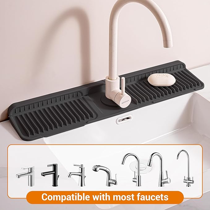 Faucet Mat for Kitchen Sink, 24"X5.5" Silicone Sink Splash Guard with Soap Holder, Snap-On Design & 7°slope Fast Drain, Folding Sink Faucet Mat for Universal Kitchen Bathroom Sink(Black)