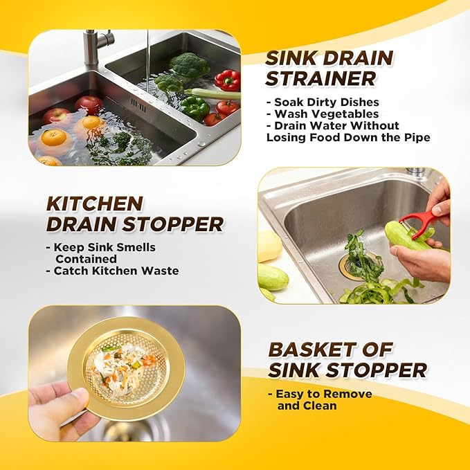 4 Pcs Brushed Gold Kitchen Sink Accessories Garbage Disposal Splash Guards 3.4'' Sink Drain Strainer and Stopper Stainless Steel Garbage Disposal Plug for Kitchen Drain Strainer