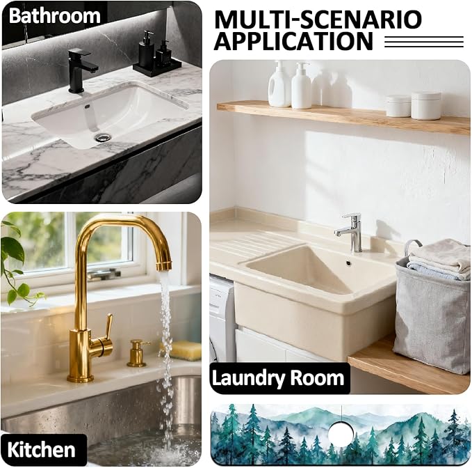 2 Pcs Kitchen Sink Splash Guard Faucet Mats Watercolor Forest Pattern Faucet Mat for Sinks Absorbing Drying Mat for Kitchen Bathroom, 23.6x5.5inch