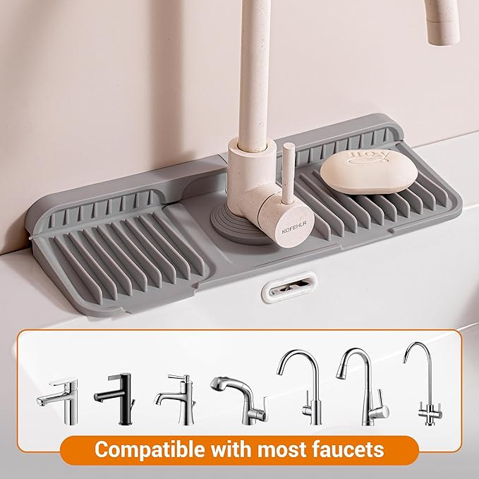 Faucet Mat for Kitchen Sink, 14"X5.5" Silicone Sink Splash Guard with Soap Holder, Snap-On Design & 7°slope Fast Drain, Folding Sink Faucet Mat for Universal Kitchen Bathroom Sink(Grey)