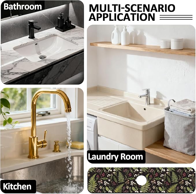 2 Pcs Kitchen Sink Splash Guard Faucet Mats Vintage Fern and Berries Pattern Faucet Mat for Sinks Absorbing Drying Mat for Kitchen Bathroom, 23.6x5.5inch