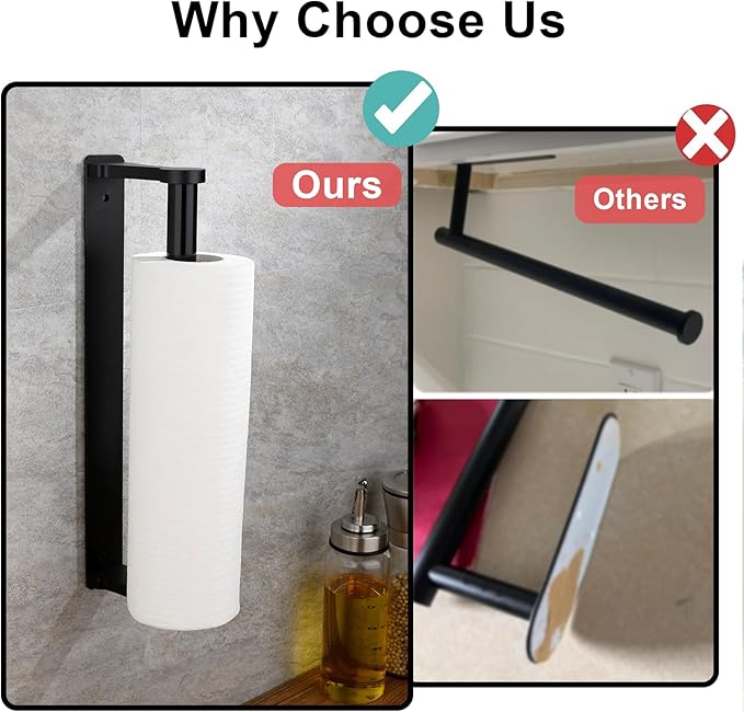 MONEER Paper Towel Holder Under Cabinet, Paper Towel Holder, Aluminum Alloy Kitchen Towel Holders, Self Adhesive Kitchen Roll Holder for Kitchen, Bathroom, Living Room (Black)