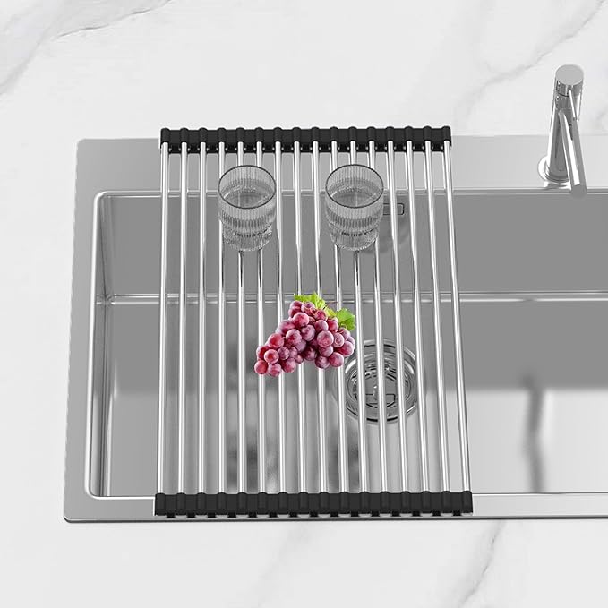 Extra Large Expandable Roll Up Dish Drying Rack,Over The Sink Drying Rack Sink Cover Kitchen Sink Accessories Kitchen Rolling up Stainless Steel Drainer, Foldable,Rollable(Black,25.1''-12.4'')