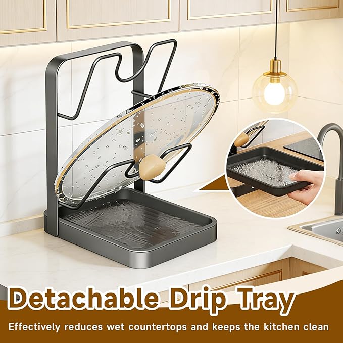 Kitchen Pot Lid Storage Rack, 2-Tier Lids Holder with Detachable Drip Tray for Mess-Free Cooking, Versatile Countertop Organizer for Cutting Boards, Ladles and Pan Covers