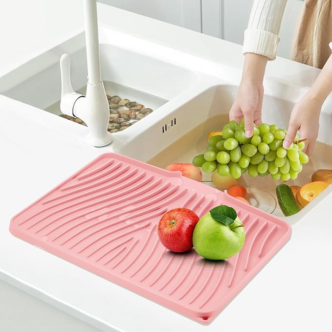 Silicone Dish Drying Mat for Kitchen Counter, Dish Drying Pad, Non-Slip Drain Pad with Built-in Drain, Heat Resistant Stone Drying Mat(16" x 12", Pink)