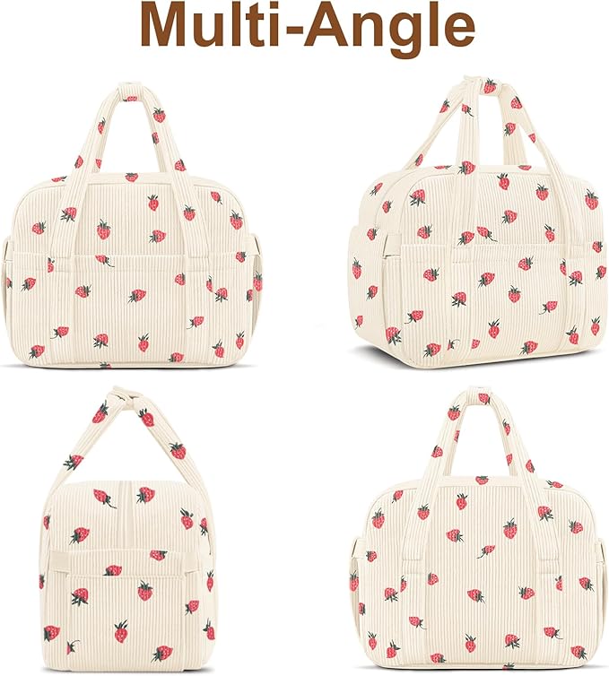 KUBYA Corduroy Lunch Box Lunch Bag for Women Men, Cute Strawberry Small Insulated Reusable Work Leakproof Simple Lunch Boxes Tote Bag Adults Cooler Bag