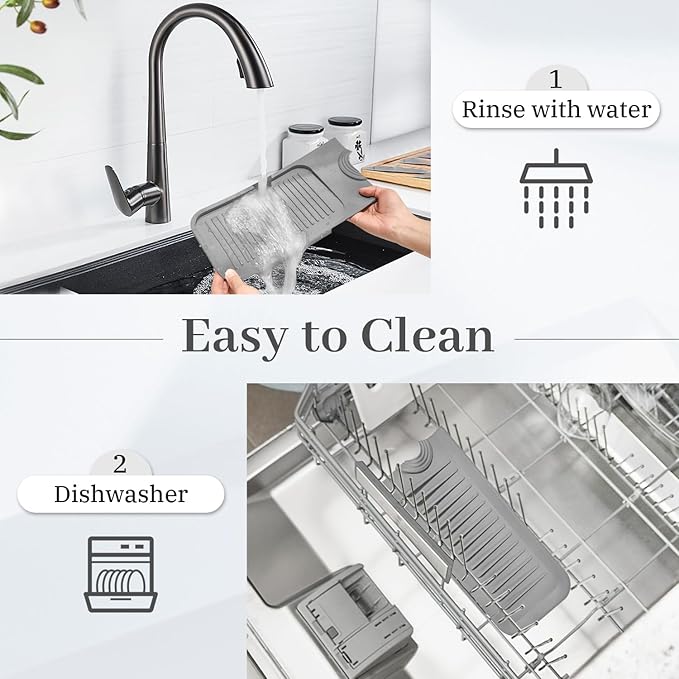 PoYang 24 Inch Faucet Mat for Kitchen Sink Splash Guard Behind Faucet, Sink Protectors for Kitchen Sink Faucet Mat Splash Guard for Kitchen Sink Area, Longer Silicone Faucet Guard & Draining Mat, Grey