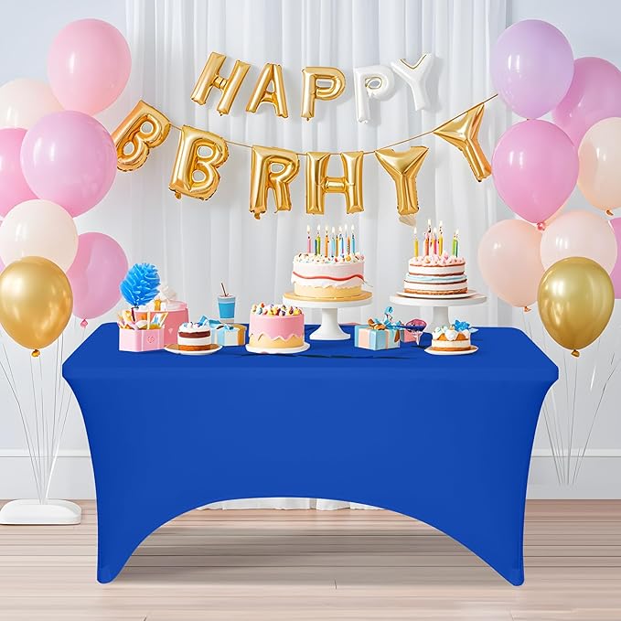 2 Pack 6 Feet Royal Blue Spandex Tablecloth for Rectangular Tables, Fitted & Stretch, Washable, Wrinkle Resistant, Perfect for Event, Wedding, Party, Banquet, Cocktail, Festival, and Table Protector