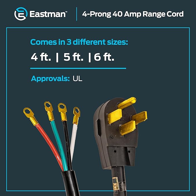 Eastman 6 Feet Electric Range Cord, 40 Amps 4-Prong Wire, 61273