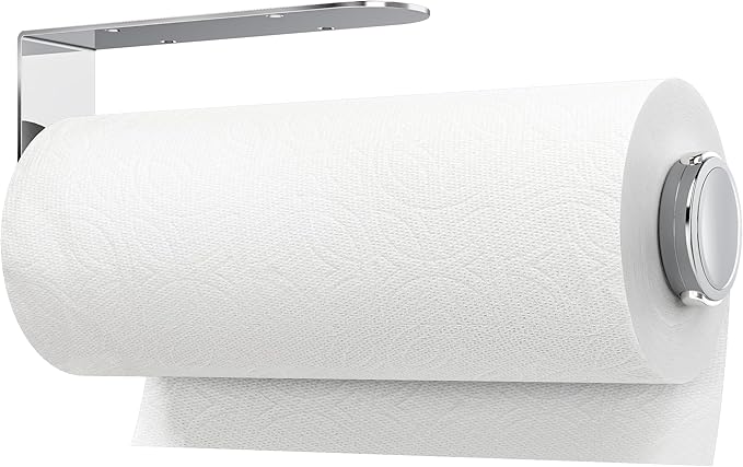 theaoo Paper Towel Holder Under Cabinet, One-Handed Tear Wall Mount Paper Towel Holder Dispenser with Damping Function for Kitchen Organization, Stainless Steel, Self-Adhesive or Drill mounting,Silver