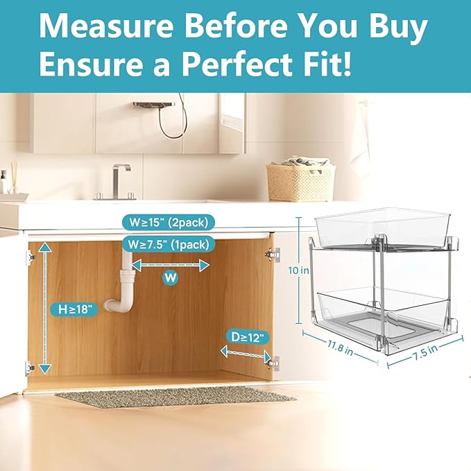 1 Pack Bathroom Organizer,2 Tier Clear Under Sink Organizers Vanity Countertop Storage Container,Cabinet Drawers Bins, Pull-Out Organization with Track for Pantry, Kitchen