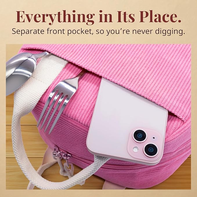 LOVELYWIND Insulated Vintage Pink Lunch Bag for Women, Stylish Corduroy Tote with Aluminum Lining, Large Capacity Reusable Cooler for Work, Travel, or Beach, Beige Cream Water-Resistant Lunch Box