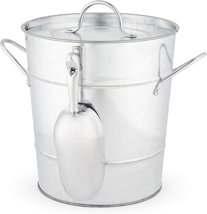 Twine Insulated Ice Bucket with Lid, Scoop & Handles for Beer, Wine, Champagne, Beverages, 1 Gal Galvanized Metal Bucket, Steel Ice Container for BBQs, Indoor & Outdoor Party Supplies, Bar Accessories