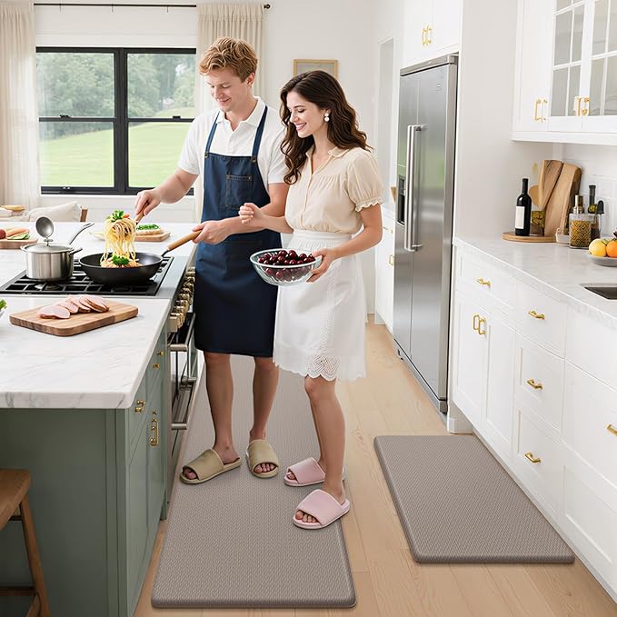 StepLively Kitchen Mat, 2 PCS Kitchen Rugs, Cushioned Kitchen Mats for Floor, Anti Fatigue Kitchen Rug Set, Non-Skid Standing Mat for Kitchen, Office, Sink, 17.3"×30"+17.3"×47", Khaki