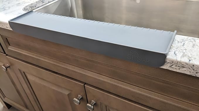 SiliSink XL Silicone Edge Guard for Kitchen Sink - Fits 3.75” - 4” Wide - The Original Silicone Sink Edge Protector with Sponge Caddy - Splash Guard, 20” Gray