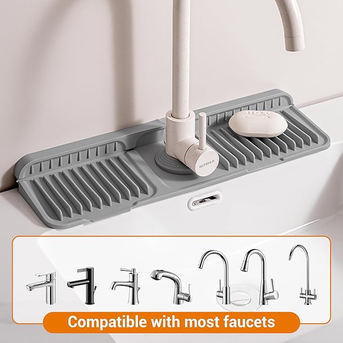 Faucet Mat for Kitchen Sink, 17.7"X5.5" Silicone Sink Splash Guard with Soap Holder, Snap-On Design & 7°slope Fast Drain, Folding Sink Faucet Mat for Universal Kitchen Bathroom Sink(Grey)