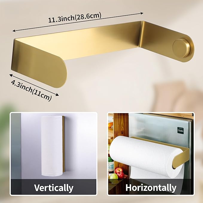 DELITON Gold Paper Towel Holder Magnetic, Strong Magnet Paper Towel Rack for Refrigerator, RVs, Kitchen, Grill, Fit Most Paper Roll, Stainless Steel