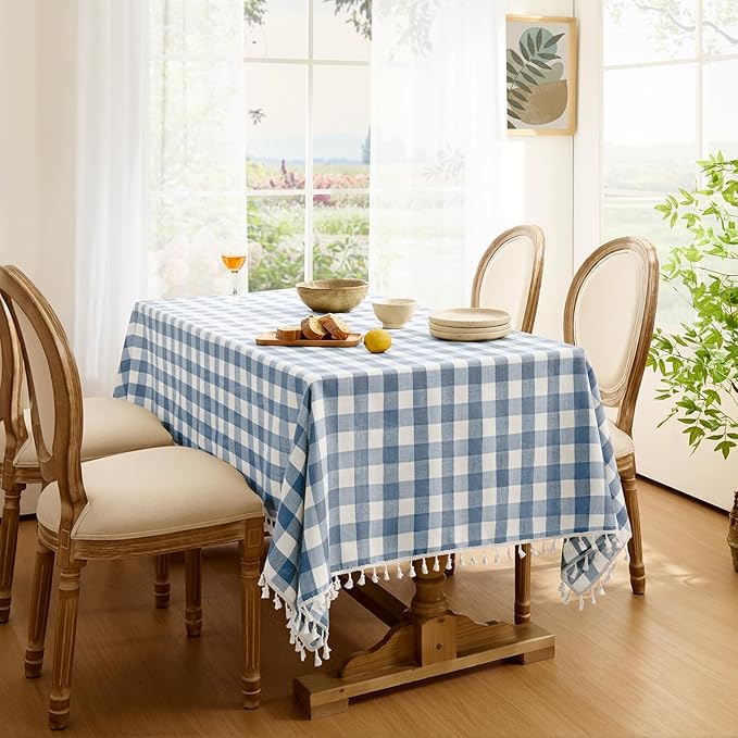 Softalker Checkered Tablecloth Square, Outdoor Linen Cotton Gingham Table Cloth with Tassel, Heavy Duty Wrinkle Free Buffalo Plaid Table Cover for Kitchen Dining Summer Party - 55 x 55 Inch, Blue