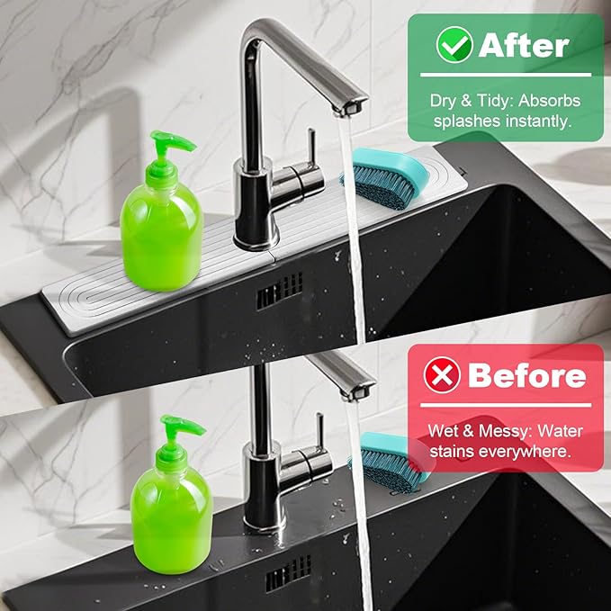 Stone Faucet Mat for Kitchen Sink, Absorbent Faucet Mat Quick Dry Stone Mat Kitchen Sink Protectors, Diatomaceous Earth Faucet Splash Guard Stone Sink Tray Pad for Bathroom Counter RV, White 24"x4"
