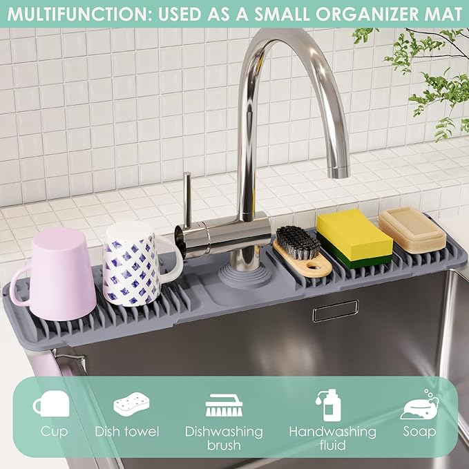 24 Inch Silicone Faucet Mat for Kitchen Sink Splash Guard - 7Β° Slope Water Draining Mat With Fasten Button for Bathroom Area (Dark Grey, 24''x5.5'')