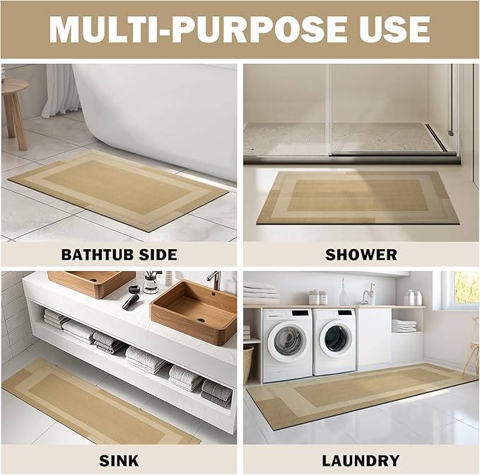 Non Slip Bath Mat, Rubber Backing Ultra Thin Bathroom Rugs Fit Under Door Quick Dry Super Absorbent Washable Bath Rug Shower Mat for Bathroom Floor Bathtub Shower Sink, Easy Care Brown 24"x 35"