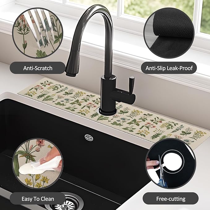 2PCS 24" X 5.5" Kitchen Sink Splash Guard Faucet Mat Floral Super Absorbent Fast Drying Faucet Guard & Draining Mat Sink Splash Guard Behind Faucet for Kitchen, Bathroom
