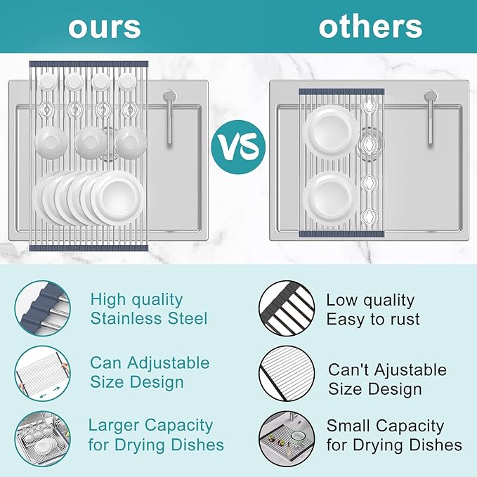 BBXTYLY Extra Large Expandable Roll Up Dish Drying Rack,Over The Sink Drying Rack Sink Cover Kitchen Sink Accessories Kitchen Rolling up Stainless Steel Drainer, Foldable,Rollable(Gray,25.1''-12.4'')