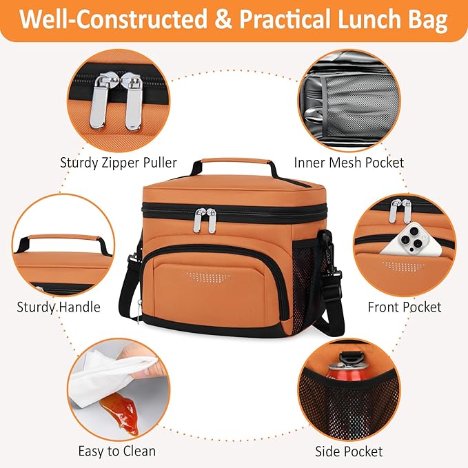 Vankor Insulated Lunch Bag for Men Women, Reusable Lunch Box Leakproof Cooler Lunch Tote Bag with Adjustable Shoulder Strap for Work Office Picnic Beach Travel, Orange