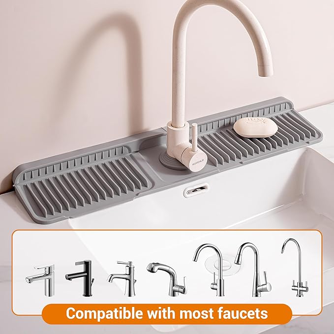 Faucet Mat for Kitchen Sink, 24"X5.5" Silicone Sink Splash Guard with Soap Holder, Snap-On Design & 7°slope Fast Drain, Folding Sink Faucet Mat for Universal Kitchen Bathroom Sink(Grey)