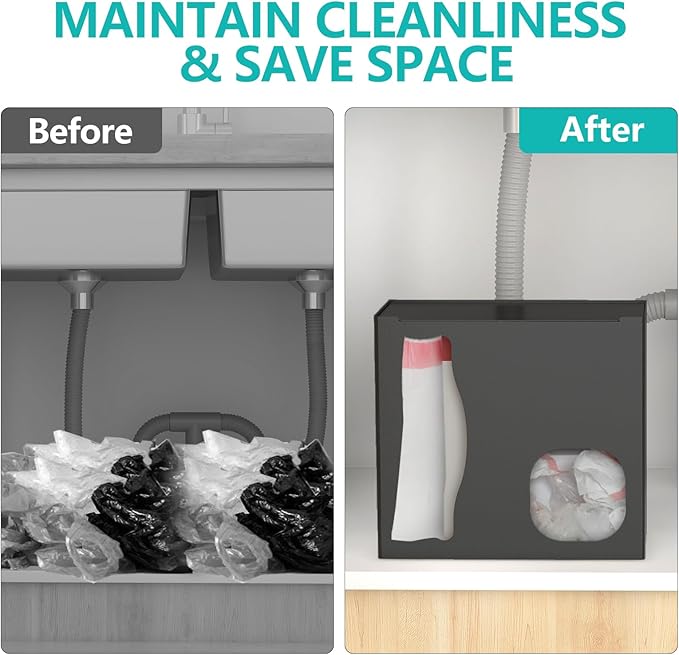 2 in 1 Grocery Bag Holder & Trash Bag Holder Dispenser, Kitchen Grocery Storage Organizer for Cabinet, Under Sink, Wall Mounted or Countertop, Metal Black