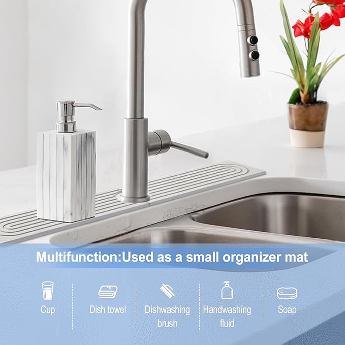 Stone Faucet Mat for Kitchen Sink- 15.6''x 3.9''Diatomite Fast-Drying Faucet Mat, Super Water Absorbing Stone Tray for Sink,Faucet Splash Guard for Bathroom Counter (Gray)