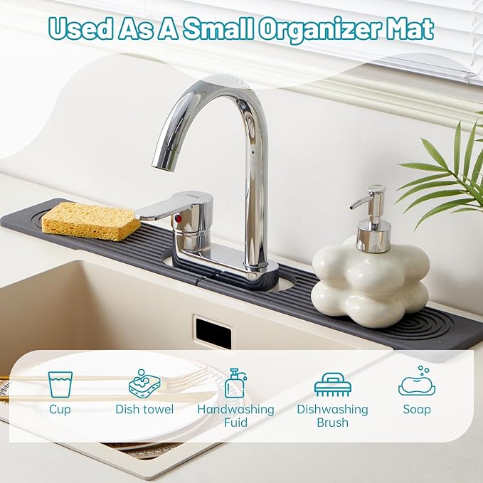 Stone Faucet Mat for Kitchen Sink with Oval Hole – 23.6" × 3.9" Diatomite Drying Stone Mat & Sink Protector, Quick-Dry Splash Guard Water-Absorbing Tray for Bathroom Counter(Dark Gray.23.6" x 3.9")