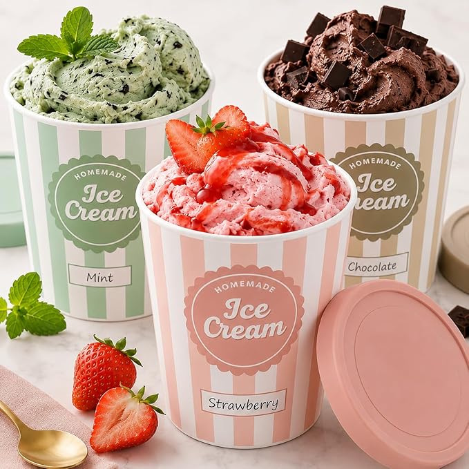 ZICOTO Set of 3 Reusable Ice Cream Containers 1 Quarts ea. - Perfect for Homemade Sorbet, Frozen Yogurt Or Gelato - Stackable Storage Pint Containers, Stickers And Lids Stores Easily In Freezer
