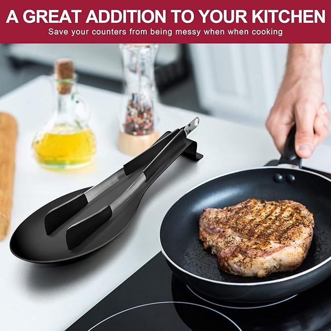 Spoon Rest, E-far Matte Black Stainless Steel Spoon Ladle Holder Spatula Rest for Kitchen Stove Top, Large Size & Dishwasher Safe