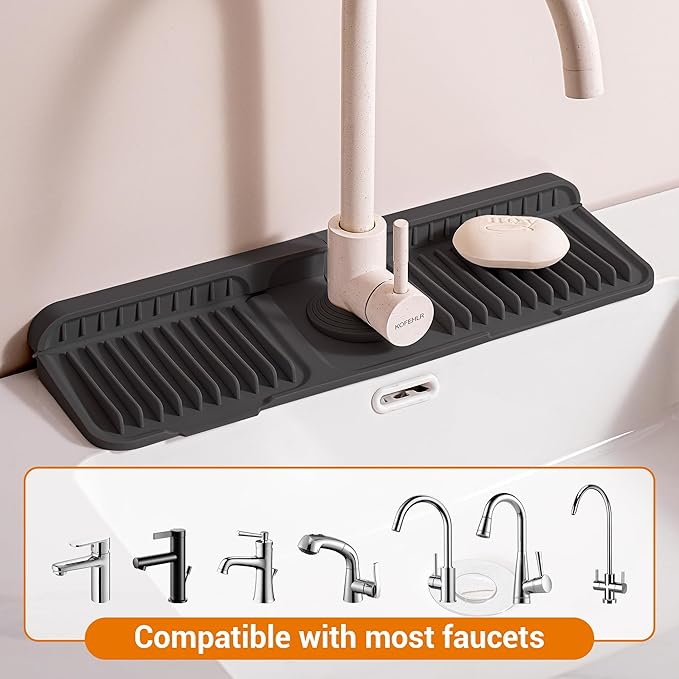 Faucet Mat for Kitchen Sink, 17.7"X5.5" Silicone Sink Splash Guard with Soap Holder, Snap-On Design & 7°slope Fast Drain, Folding Sink Faucet Mat for Universal Kitchen Bathroom Sink(Black)
