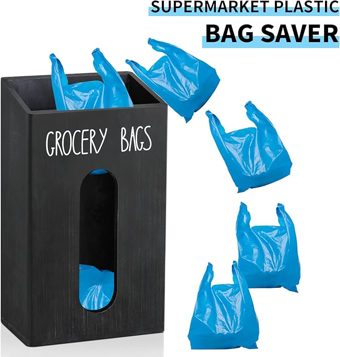 Farmhouse Wooden Grocery Bag Holder and Dispenser, Wall Mounted Plastic Bag Holder and Dispenser with Extra-Wide & Easy-Access Openings, Garbage Bag Dispenser Anti-Fingerprint Rustic Finish Bags Saver