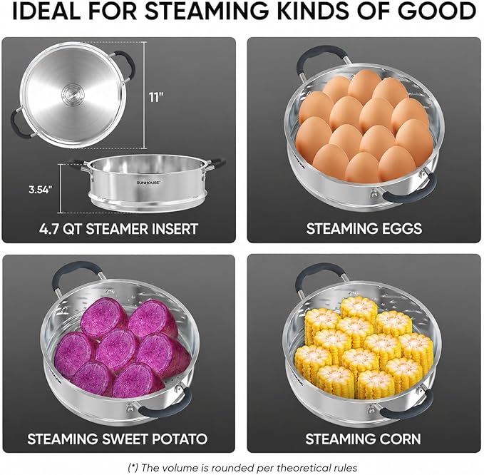 SUNHOUSE Stainless Steel Steamer Pot for Cooking - 6.3 QT Steaming Pot with Glass Lid & Steamer Basket - 2 Tier Tri-ply Vegetable Steamer with Stay-Cool Silicone Handles - Induction Compatible