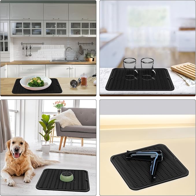 ZLR Silicone Dish Drying Mat for Kitchen Counter, Eco-Friendly Fast Dry Dish Mat, Easy Clean Multi Usage Drying Matt, Heat Resistant Trivet, 12" x 16" Large, Black