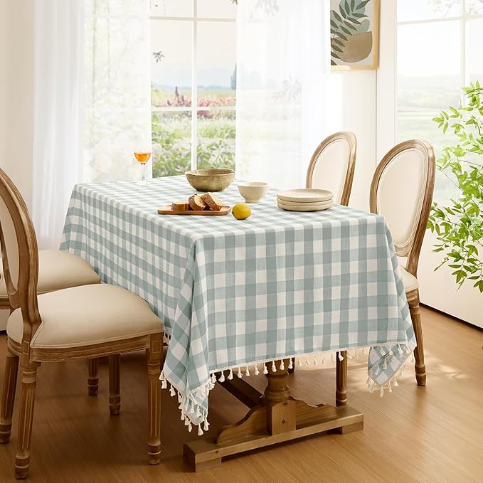 Softalker Checkered Tablecloth Rectangle, Outdoor Linen Cotton Gingham Table Cloth with Tassel, Heavy Duty Wrinkle Free Buffalo Plaid Table Cover for Kitchen Dining Summer Party - 55 x 84 Inch, Aqua