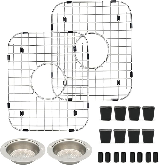2 Pack 11-3/4"x13-7/8 Sink Grid - 304 Stainless Steel Heavy Duty Kitchen Sink Protector Rack with Center Drain & Built-in Strainer, Scratch Resistant Bottom