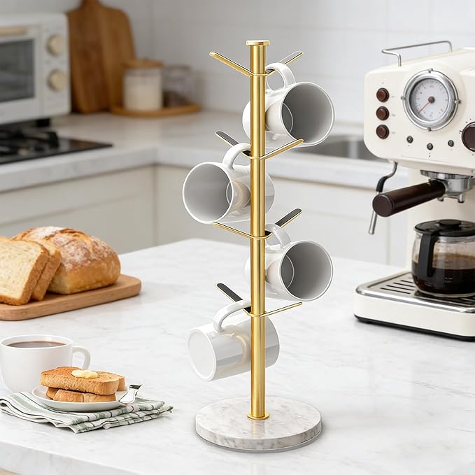 Gypie Gold Mug Holder Tree with Marble Base, 8 Hooks Coffee Cups Holder Stand, New Upgrad Stable Removable Mug Rack for Kitchen Cafe