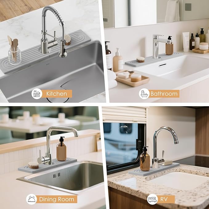 15.7''x4.8''Stone Faucet Mat for Kitchen Sink,Diatomite Quick Dry Kitchen Sink Splash Guard,Drying Stone Sink Tray,Super Absorbent,Sink Stone Quick Dry Around Faucet For Bathroom Counter-Light Grey