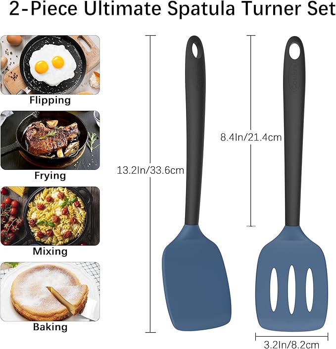 Coukre 2 Pack Silicone Spatula Set, High Heat Resistant, BPA Free Kitchen Spatula, Solid & Slotted Turner for Non-Stick Pans, Sautéing, and Flipping (2, NavyBlue)